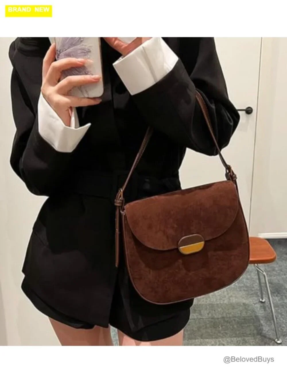 Faux Suede Crossbody Bag with Detachable Shoulder Strap Saddle Satchel
